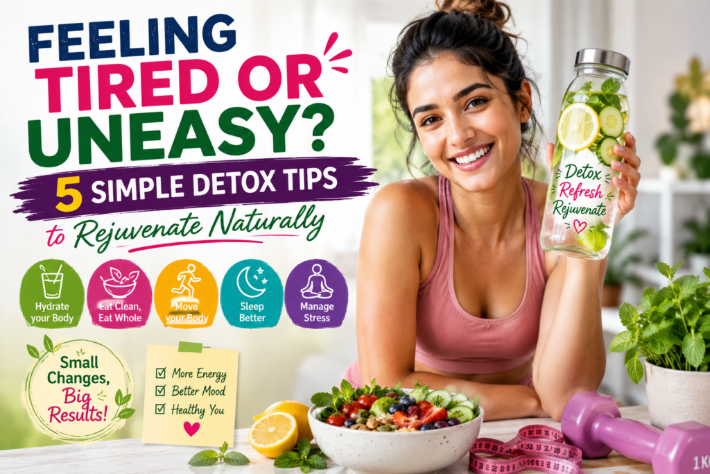 Colorful wellness featured image of a smiling woman holding a detox drink with 5 simple detox tips to rejuvenate naturally, including hydration, healthy eating, exercise, sleep, and stress management.