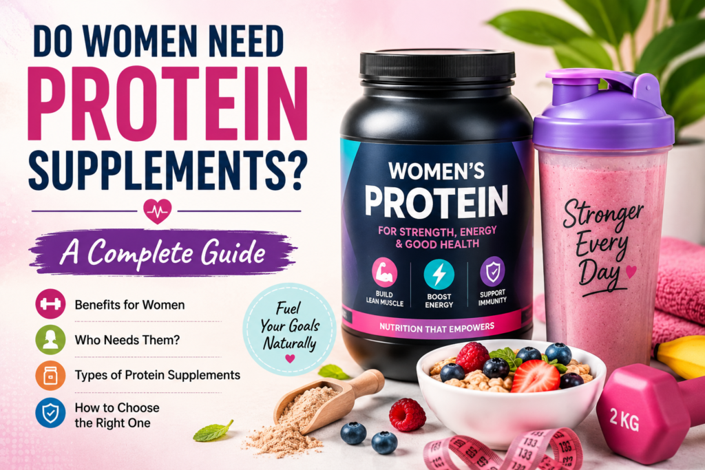 Colorful featured image about protein supplements for women showing a protein jar, smoothie, healthy foods, and fitness elements with the title 'Do Women Need Protein Supplements? A Complete Guide'
