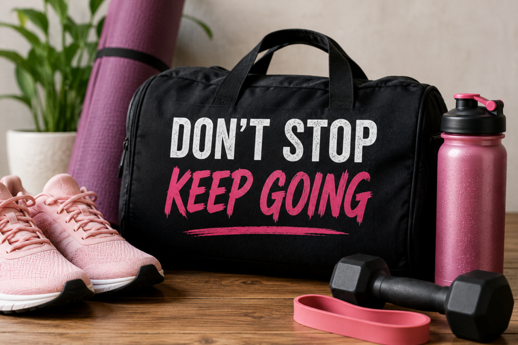 Motivational fitness image with gym bag, pink sneakers, yoga mat, dumbbell, and water bottle displaying the message 'Don't Stop Keep Going'.