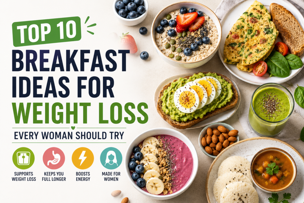 Top 10 breakfast ideas for weight loss featuring healthy meals like oatmeal, avocado toast, omelette, smoothie bowl, and idli for women