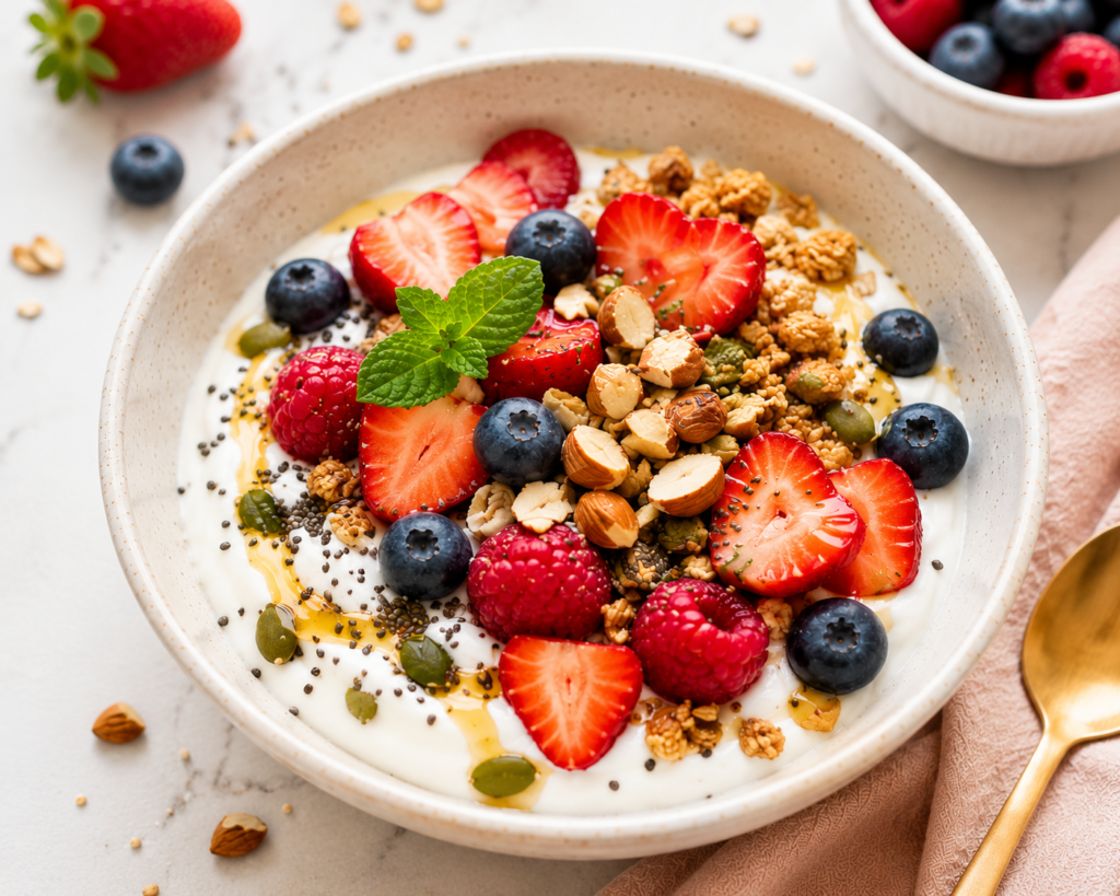 Berry Yogurt Bowl recipe featuring Greek yogurt, fresh berries, nuts, and granola for a healthy breakfast for women.