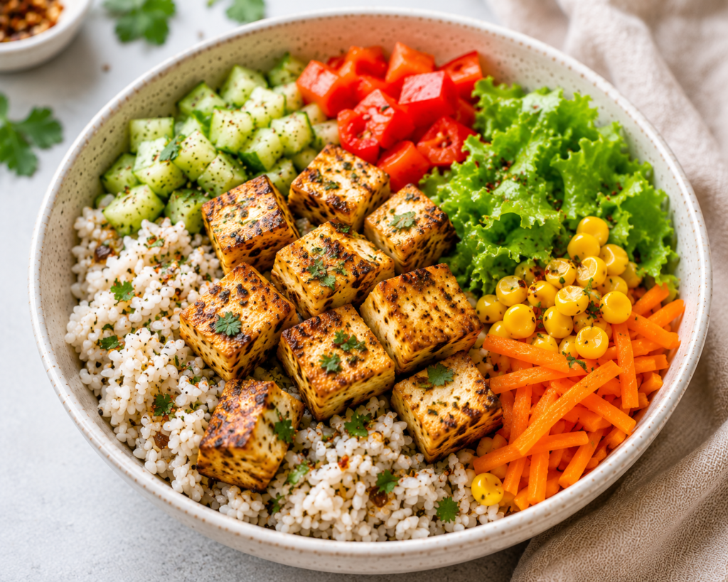 High-protein Paneer Rice Bowl recipe with fresh vegetables and brown rice for a healthy women's lunch.