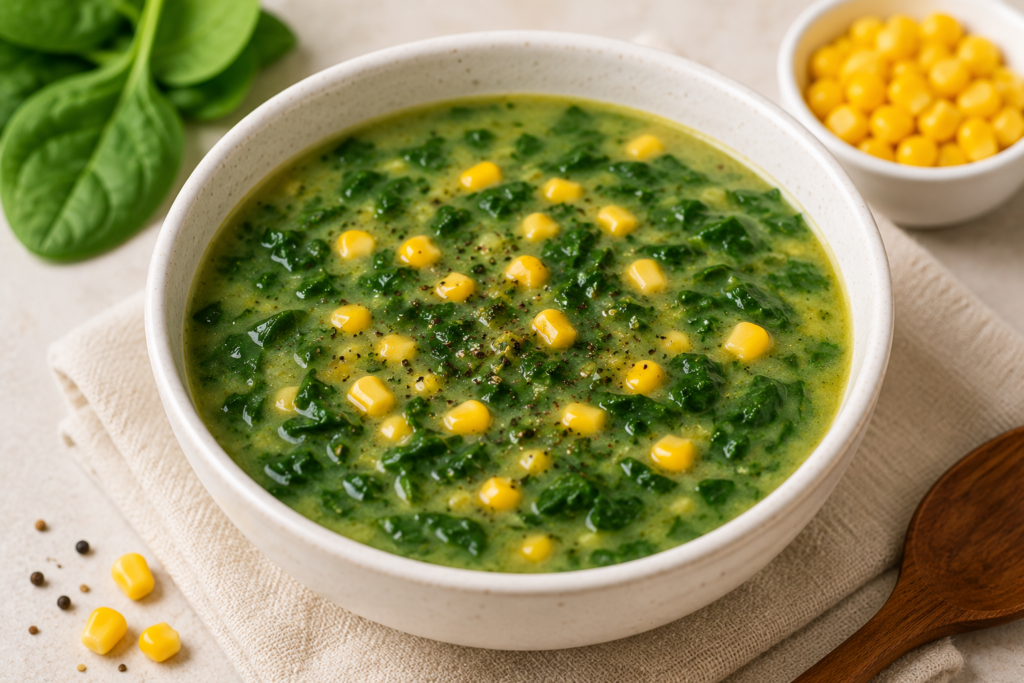 Healthy Spinach and Corn Soup served in a bowl with fresh spinach leaves, sweet corn, and herbs for a nutritious dinner.