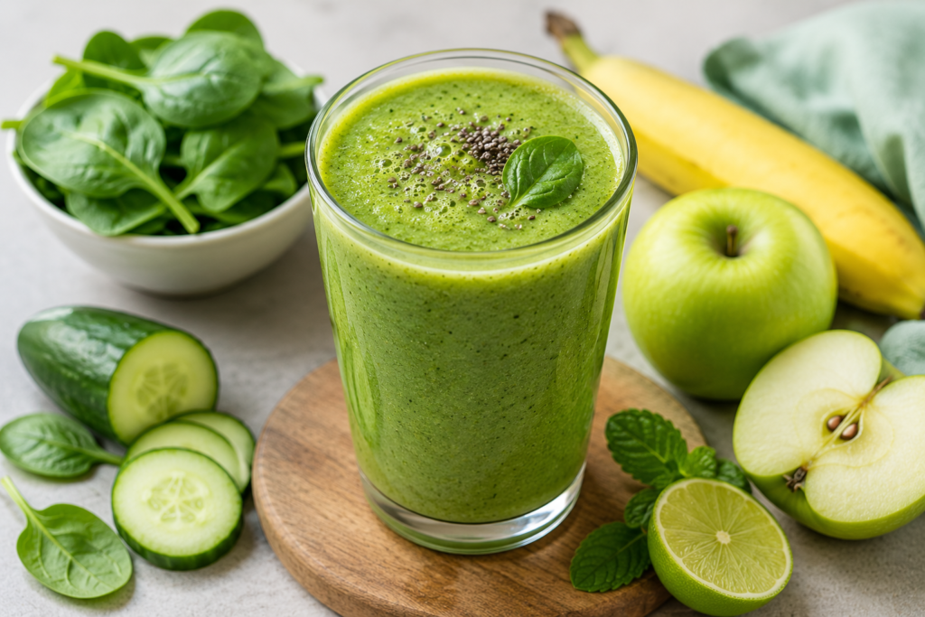 Green Detox Smoothie made with spinach, cucumber, banana, and green apple served in a glass for a healthy refreshing drink.