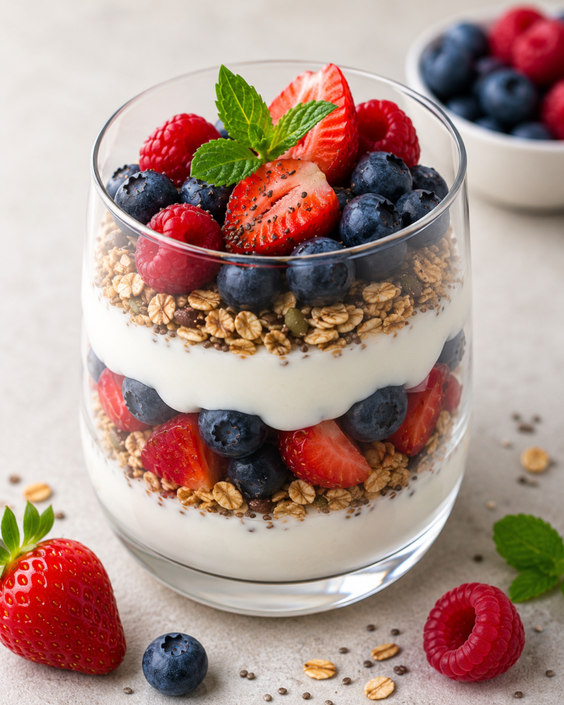Healthy Greek Yogurt Berry Parfait layered with fresh berries, granola, and chia seeds served as a nutritious dessert for women.