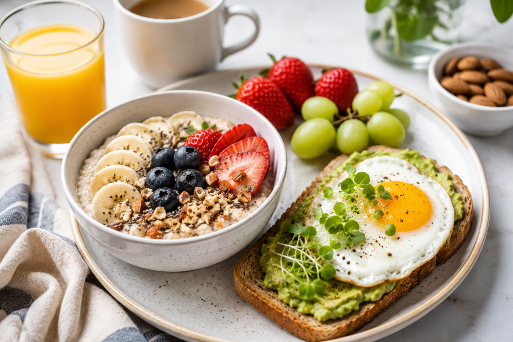 Healthy breakfast ideas for women featuring oatmeal, avocado toast, fresh fruits, and a nutrient-rich balanced meal.