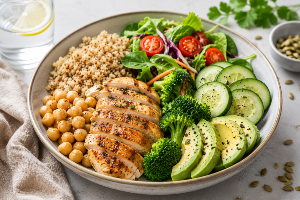 Balanced lunch bowl with protein, quinoa, avocado, broccoli, chickpeas, and fresh vegetables for a healthy meal.