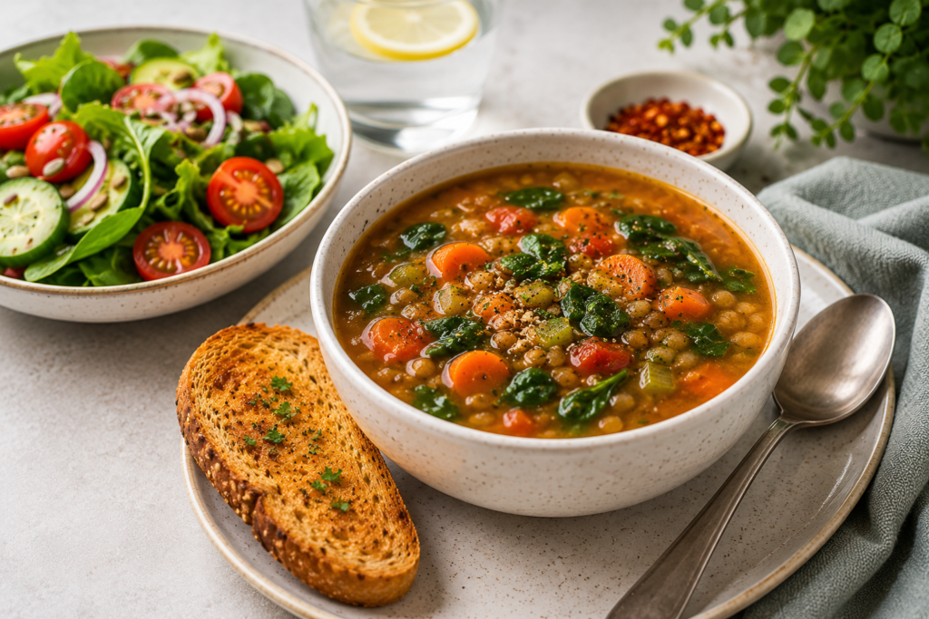 Healthy dinner ideas for women featuring a nourishing vegetable soup bowl, fresh salad, and whole-grain toast.