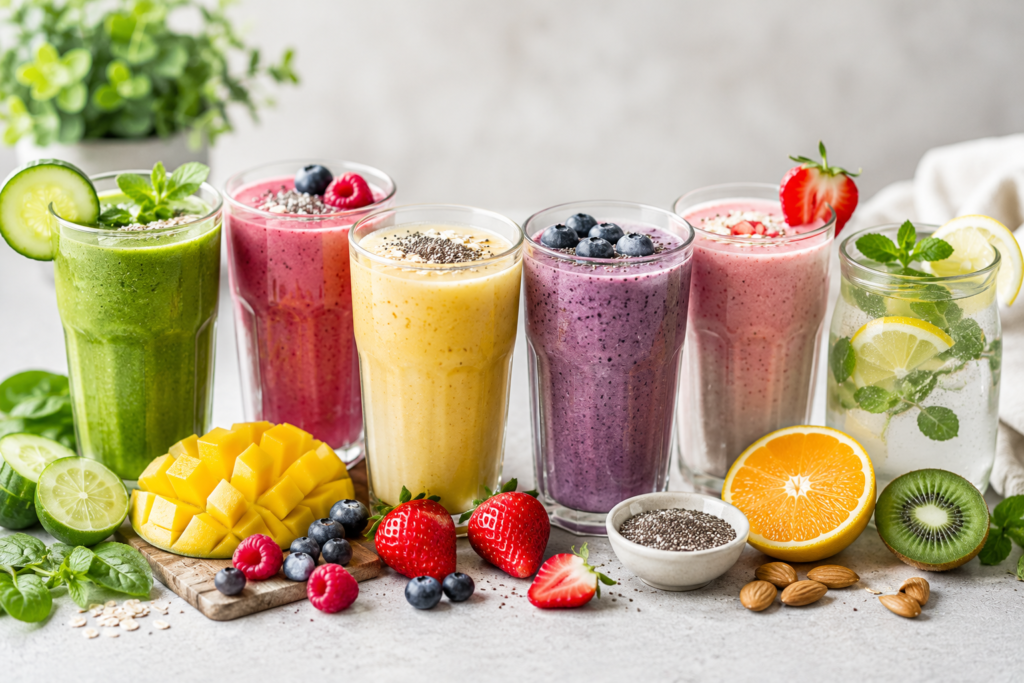 Healthy smoothie and drink ideas for women featuring fresh fruits, greens, and nutrient-rich ingredients.