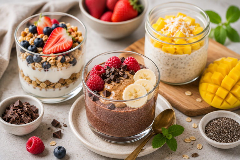 Healthy dessert ideas for women featuring yogurt parfaits, chia puddings, fresh fruits, and nutrient-rich ingredients.