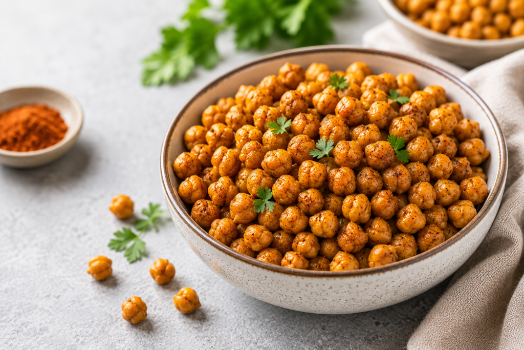Crispy roasted chickpeas seasoned with herbs and spices served in a bowl as a healthy protein-rich snack for women.